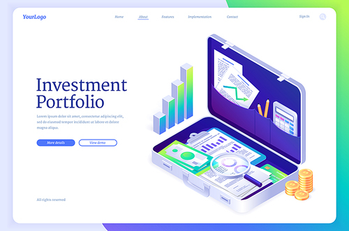 Investment portfolio banner. Financial service for invest money in stock and funds. Vector landing page with isometric briefcase with currency, documents and calculator