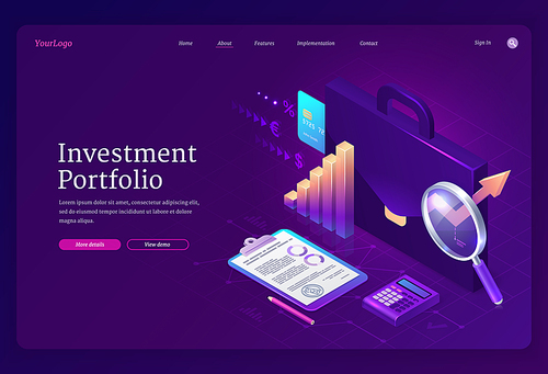 Investment portfolio isometric landing page. Business briefcase with financial strategy plan or analytic charts. Service for growing money, stock market trading and capital income 3d vector web banner