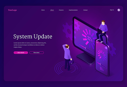 System update isometric landing page, new software setup upgrade, installing, computer maintenance digital concept with tiny business characters at huge smartphone and pc desktop, 3d vector web banner