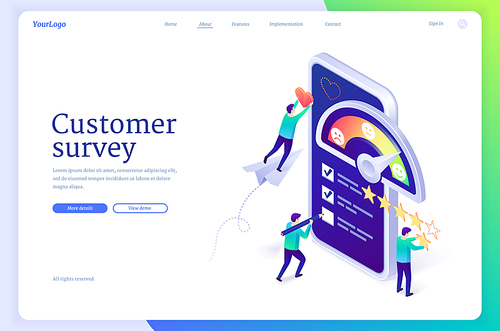 Customer survey isometric landing page. Tiny people clients at huge smartphone screen give feedback, choose answer, put rate stars and fill check list making decision and research 3d vector web banner