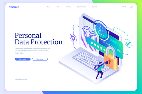 Personal data protection isometric landing page. Internet data cyber privacy, social networks confidential information protect. Tiny person opening huge lock at laptop screen, 3d vector web banner