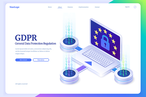 GDPR, general data protection regulation isometric landing page. Law of information privacy in European Union. Commission strengthens to control data, laptop with lock and stars 3d vector web banner