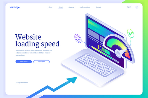 Website loading speed isometric landing page. Mobile site optimization digital concept, laptop with speedometer on screen. Internet page quick traffic loading, engine plugin test 3d vector web banner