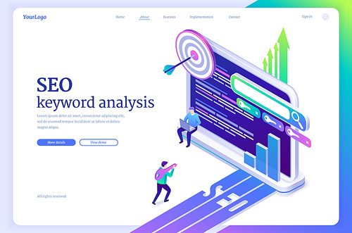 SEO keyword analysis website. Research, ranking and analytics of search engine optimization of content. Vector landing page with isometric people, graphs, keys, text on tablet screen and target