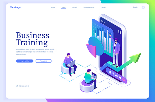 Business training website. Conference, seminar or workshop for professional learning. Vector landing page of online team education with isometric people with laptop and teacher on smartphone screen