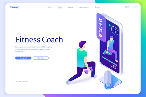 Fitness coach isometric landing page. Sportsman training with online trainer assistance using smartphone app. Gym workout application for sport or healthy lifestyle, 3d vector illustration, web banner