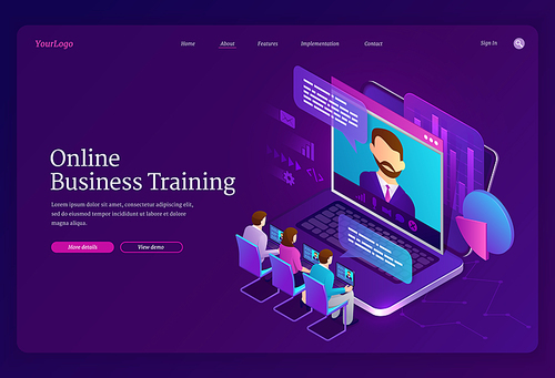 Online business training isometric landing page, tiny business people studying and communicate via internet video call at huge laptop. Virtual conference, meeting, education, 3d vector web banner