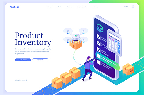 product inventory isometric landing page. logistics order processing, warehouse tasking,  supply planning concept. tiny supplier filling form on huge mobile phone screen, 3d vector web banner