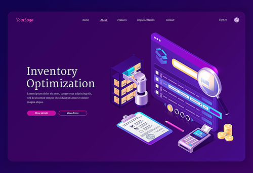Inventory optimization banner. Concept of logistic, accounting and control distribution and storage system. Vector landing page with isometric warehouse with robot and boxes, report and pos terminal