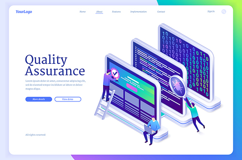 Quality assurance banner. Concept of software test, guarantee of fixing errors and bugs. Vector landing page of QA with isometric working people and digital tablet with quality certificate stamp