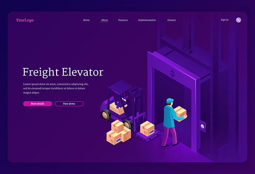 Freight elevator isometric landing page. Worker character with boxes on forklift loader and hands enter cargo lift. Man with parcel walk in open door in industrial center or mall, 3d vector web banner