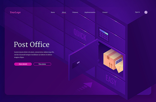 Post office isometric landing page, mail parcel and envelope lying in postamat or locker with digital panel for password. Safe, quick and easy postal delivery, smart self-service, 3d vector web banner