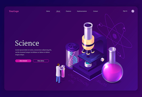 Science isometric landing page, tiny scientist working in lab with huge microscope, medical beaker and dna spiral projection, scientific laboratory development, chemistry research 3d vector web banner