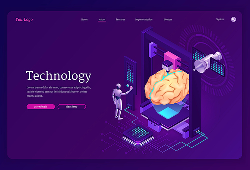 Technology isometric landing page, ai robot printing huge human brain on 3d printer with microcircuit chips. Artificial intelligence development neon glowing futuristic background, vector web banner