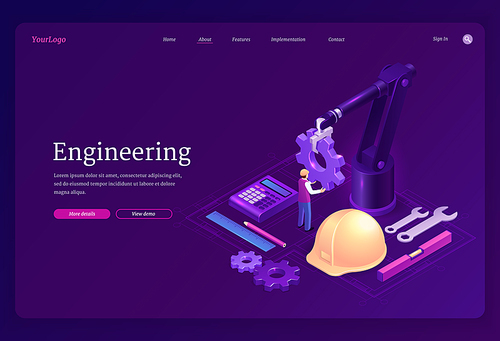 Engineering isometric landing page. Engineer on robotics factory with robot arm holding huge gear, create electronics production on blueprint. Automation, smart industrial cyborg, 3d vector web banner