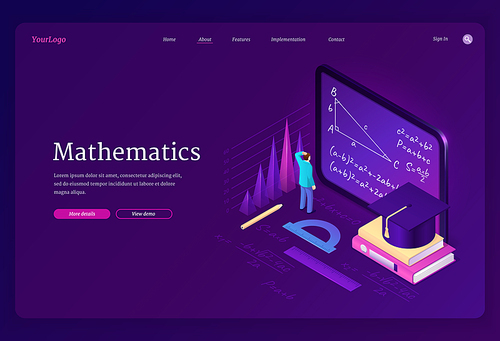 Mathematics isometric landing page. Math science education digital concept. Tiny male student character in school class stand at huge tablet pc with formula on screen and books. 3d vector web banner