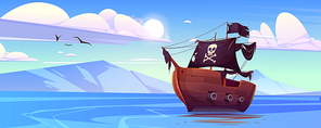 Pirate ship with black sails and flag with skull and crossbones in sea. Vector cartoon landscape of lake with mountains on horizon. Seascape with old wooden pirate boat