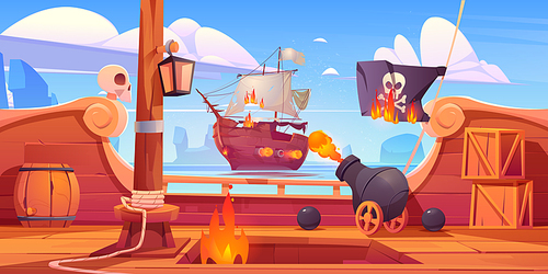Pirate ship battle, wooden brigantine boat deck onboard view with cannon fire to enemy frigate, burning jolly roger flag, flame ragging in open hold on seascape background, Cartoon vector illustration