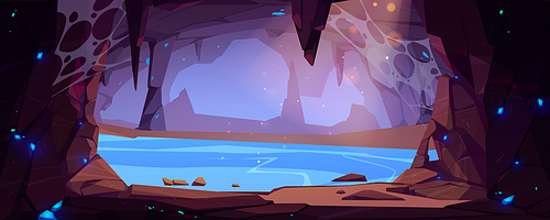 Underground rocky cave with water and blue crystals. Vector cartoon illustration of empty stone cavern with stalactites and lake or river. Old mountain grotto inside