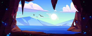 Cave seaview landscape, hole in rock with ocean, mountains and gulls flying in blue sky. Grotto, hidden underground cavern, beautiful summer nature, sea hollow background, Cartoon vector illustration