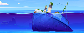Wreck ship, sunken steamboat with pipes lying on ocean sandy bottom, broken vessel covered with green seaweeds stick up above water surface. Navy scene, pc game background, Cartoon vector illustration