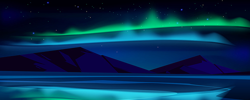 Night landscape with aurora borealis in sky, lake and mountains on horizon. Vector cartoon illustration of green and blue northern lights and stars in winter sky above arctic sea