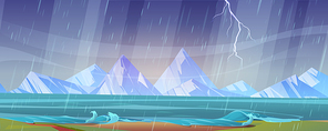 Thunderstorm landscape with river shore, wind, rain, mountains on horizon and lightning in sky. Vector cartoon illustration of storm weather on lake coast with water waves and grass