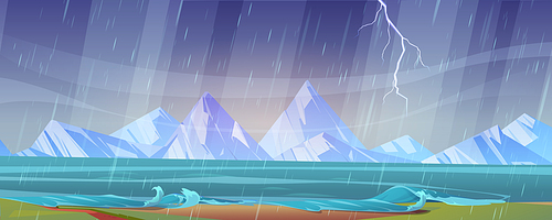 Thunderstorm landscape with river shore, wind, rain, mountains on horizon and lightning in sky. Vector cartoon illustration of storm weather on lake coast with water waves and grass