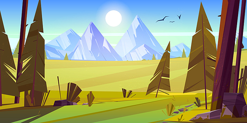Cartoon nature landscape with mountain, green field and conifers trees, rocks and forest under blue sky with bright shining sun, scenery view background, summer or spring wood, vector illustration