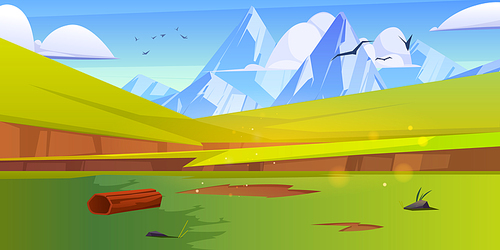 Summer landscape with green meadows and white mountains on horizon. Vector cartoon illustration of valley with grass, hills, snow rocks on skyline, birds and clouds in sky