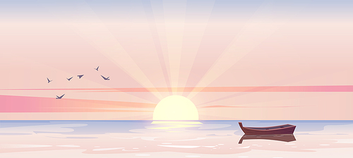 Early morning sunrise seascape, lonely wooden boat on sea or ocean picturesque landscape. Nature background with skiff floating on calm water with birds flying in pink sky, Cartoon vector illustration