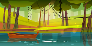 Wooden boat on forest lake, pond or river with deciduous trees around. Lonely wood skiff float on water surface at beautiful summer wood, scenery tranquil landscape, Cartoon vector illustration