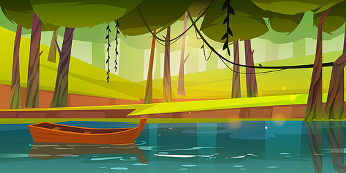 Wooden boat on forest lake, pond or river with deciduous trees around. Lonely wood skiff float on water surface at beautiful summer wood, scenery tranquil landscape, Cartoon vector illustration