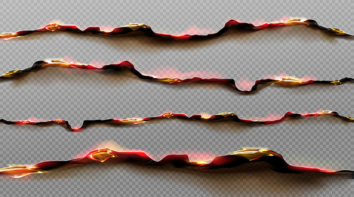burn paper borders, burnt page with smoldering fire on charred uneven edges, parchment sheets in flame. burned, torn or ripped  isolated on transparent . realistic 3d vector objects set