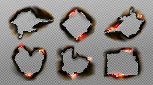 burnt holes in paper with fire and black ash. vector realistic set of different shapes s from scorched and smoldering paper sheets with torn edges isolated on transparent background