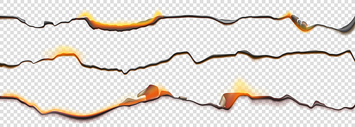 burn paper borders, burnt page with smoldering fire on charred uneven edges, parchment sheets in flame. burned, torn or ripped  isolated on transparent background. realistic 3d vector objects set