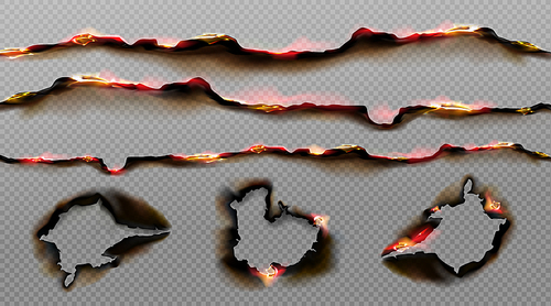 burnt paper edges with fire and black ash. vector realistic set of borders and s from scorched and smoldering paper sheets white torn edges and holes isolated on transparent
