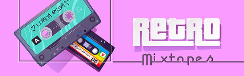 Retro mixtapes cartoon banner, audio record player online or mobile application with mix tapes cassettes. Disco, multimedia playing, service for listening music, Vector web header