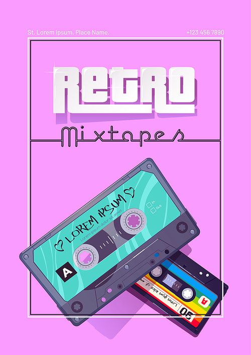 Retro mixtapes cartoon poster with audio cassettes, mix tapes, media storage for music and sound on pink background. Vintage style analog hipster devices of eighties ages culture, Vector illustration