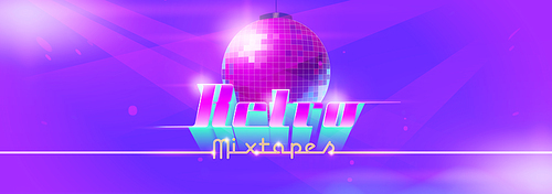 Retro mixtape dance banner with disco ball. Club party with music of 80s and 90s. Vector landing page with cartoon illustration of nightclub illuminated by spotlights