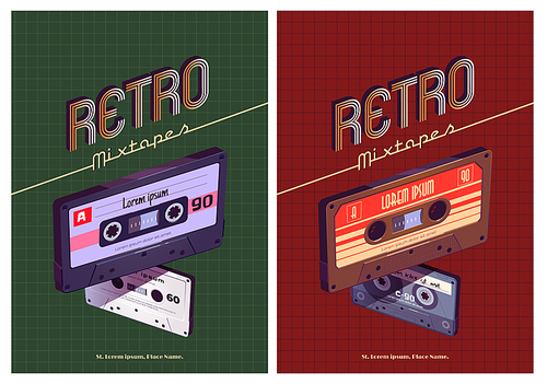 Retro mixtapes cartoon poster with audio mix tapes. Cassettes, media or music store ad in vintage style, analog multimedia devices, Vector illustration