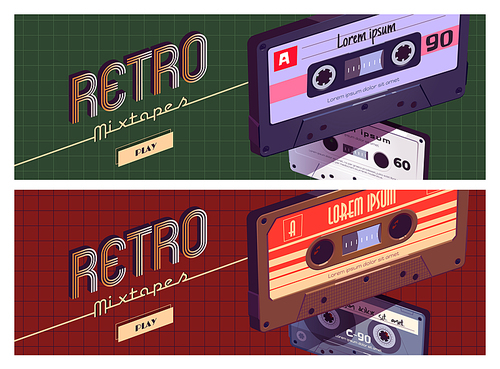 Retro mixtapes cartoon banner, audio record player online or mobile application with mix tapes cassettes. Disco, multimedia playing, service for listening music, Vector web header