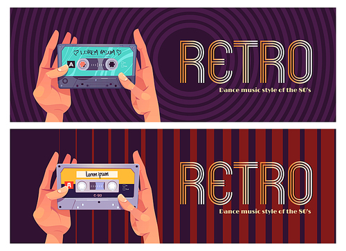 Retro dance music style of 80s banner. Hands holding vintage audio cassette. Vector header with music player app and flat illustration of old audio tape