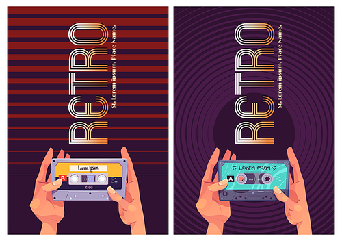 Retro dance music style of 80s banner. Hands holding vintage audio cassette. Vector poster with music player app and flat illustration of old audio tape