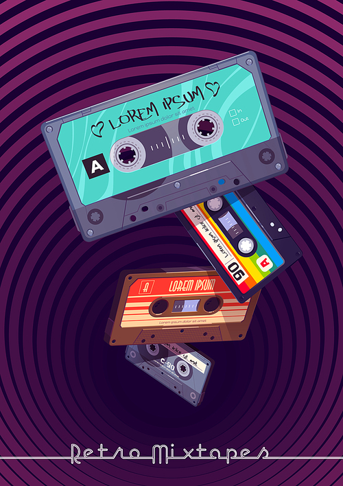 Retro mixtapes cartoon poster with audio mix tapes falling into deep hole with hypnotic pattern. Cassettes, media or music store ad in vintage style, analog multimedia devices, Vector illustration