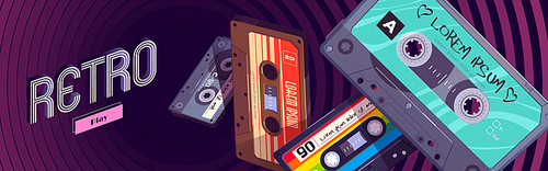 Retro mixtapes cartoon web banner with audio mix tapes falling into hypnotic pattern. Cassettes, media or music store ad in vintage style, analog multimedia devices, Vector illustration