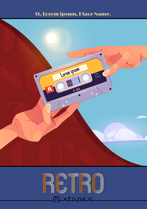 Retro mixtape poster with hands holding vintage audio cassette. Mix of pop and dance music of 80s. Vector banner with cartoon illustration of exchange or present old audio tapes
