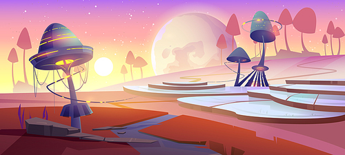 Fantasy landscape with magic glowing mushrooms and plants at sunset. Vector cartoon illustration of fantastic alien nature with giant toadstools, broom, sun and planet in sky