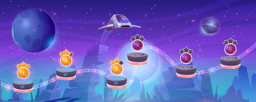 Mobile arcade with spaceship, interstellar shuttle hover above alien planet with rocks and assets on flying rocky platforms, fantasy game design, extraterrestrial landscape Cartoon vector illustration