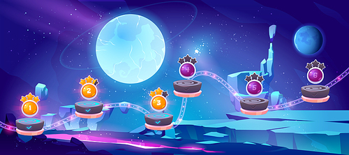 Space game level map with platforms, alien landscape and planets in sky. Vector background for gui interface of arcade game with cartoon illustration of cosmos and completed stages with stars